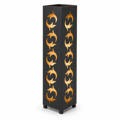 Design 021 black laser cut metal garden light tower with warm LED glow on white background