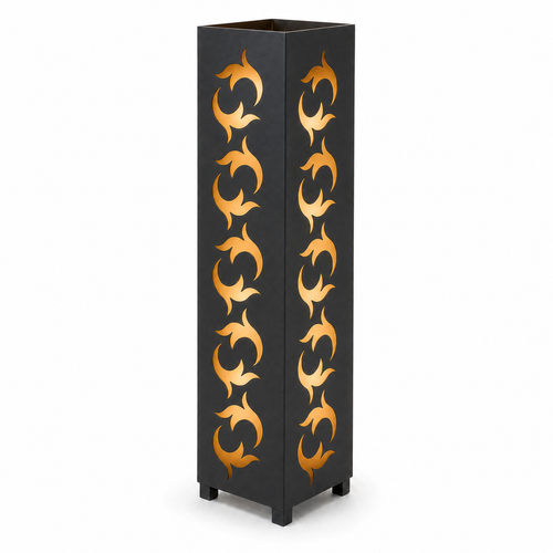 Design 021 black laser cut metal garden light tower with warm LED glow on white background