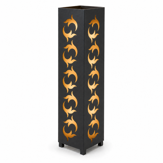 Design 021 black laser cut metal garden light tower with warm LED glow on white background