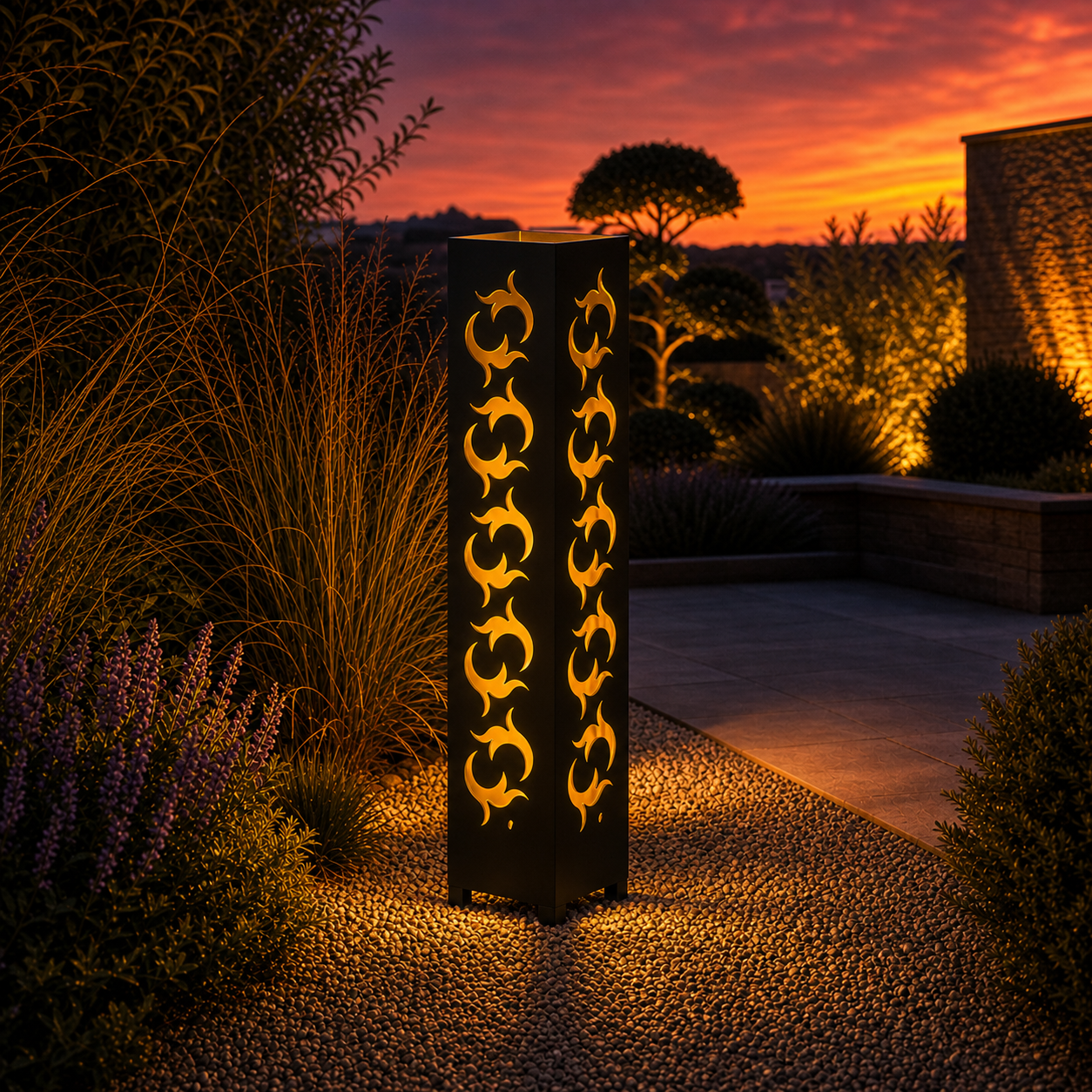 Design 021 outdoor decorative LED light column glowing at dusk in garden setting