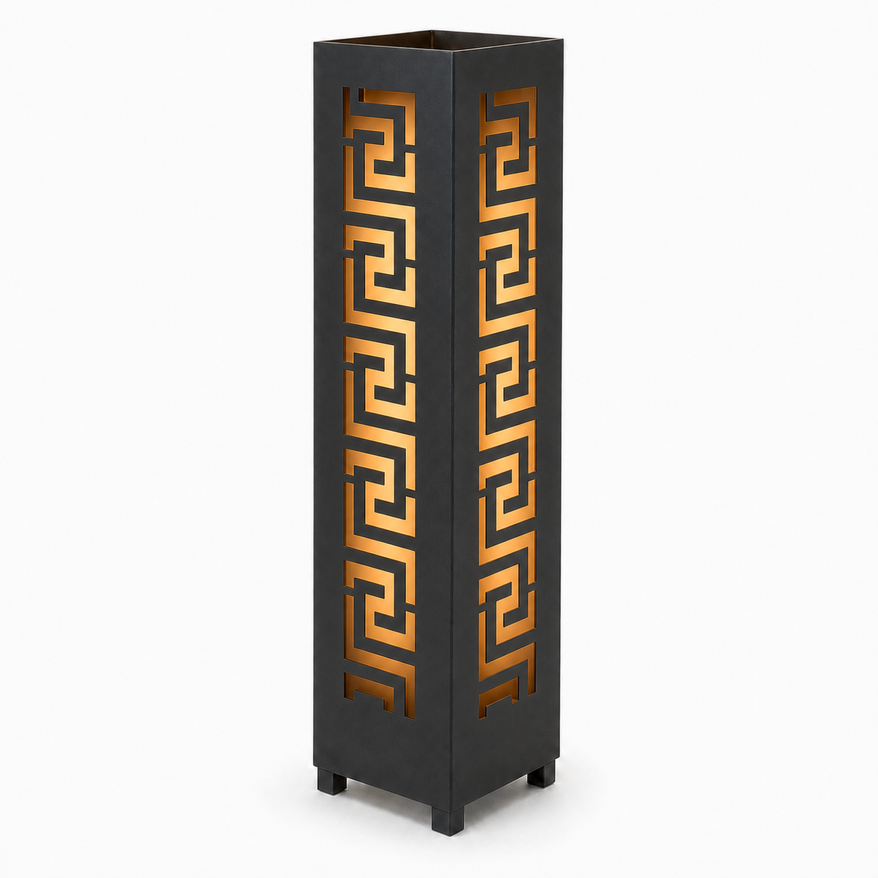 Design 022 black laser cut metal garden light tower with warm LED glow on white background