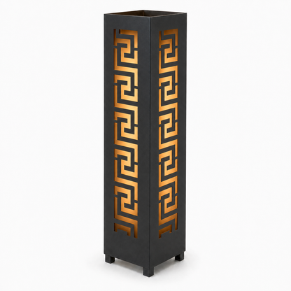 Design 022 black laser cut metal garden light tower with warm LED glow on white background