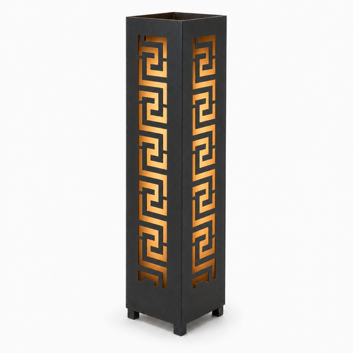 Design 022 black laser cut metal garden light tower with warm LED glow on white background