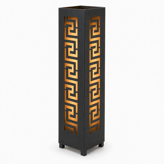 Design 022 black laser cut metal garden light tower with warm LED glow on white background