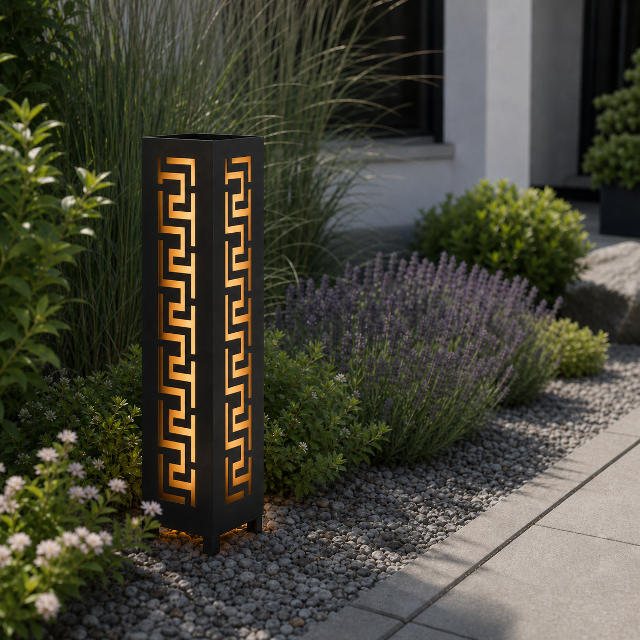 Design 022 laser cut garden light pillar installed in landscaped patio during daytime