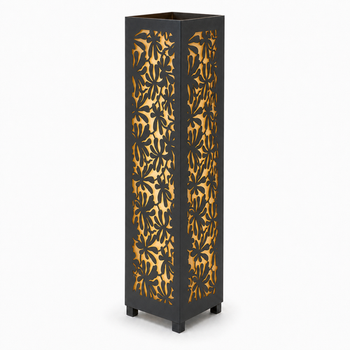 Design 023 black laser cut metal garden light tower with warm LED glow on white background