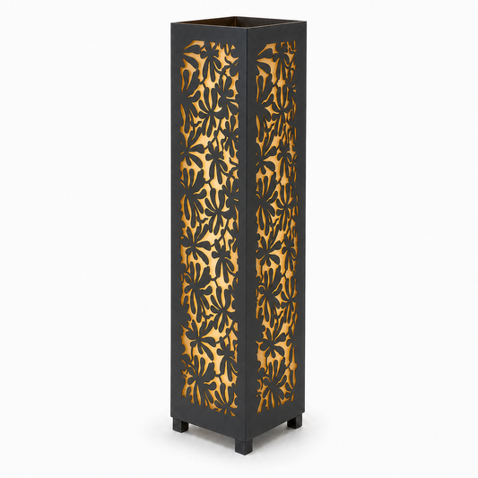Design 023 black laser cut metal garden light tower with warm LED glow on white background