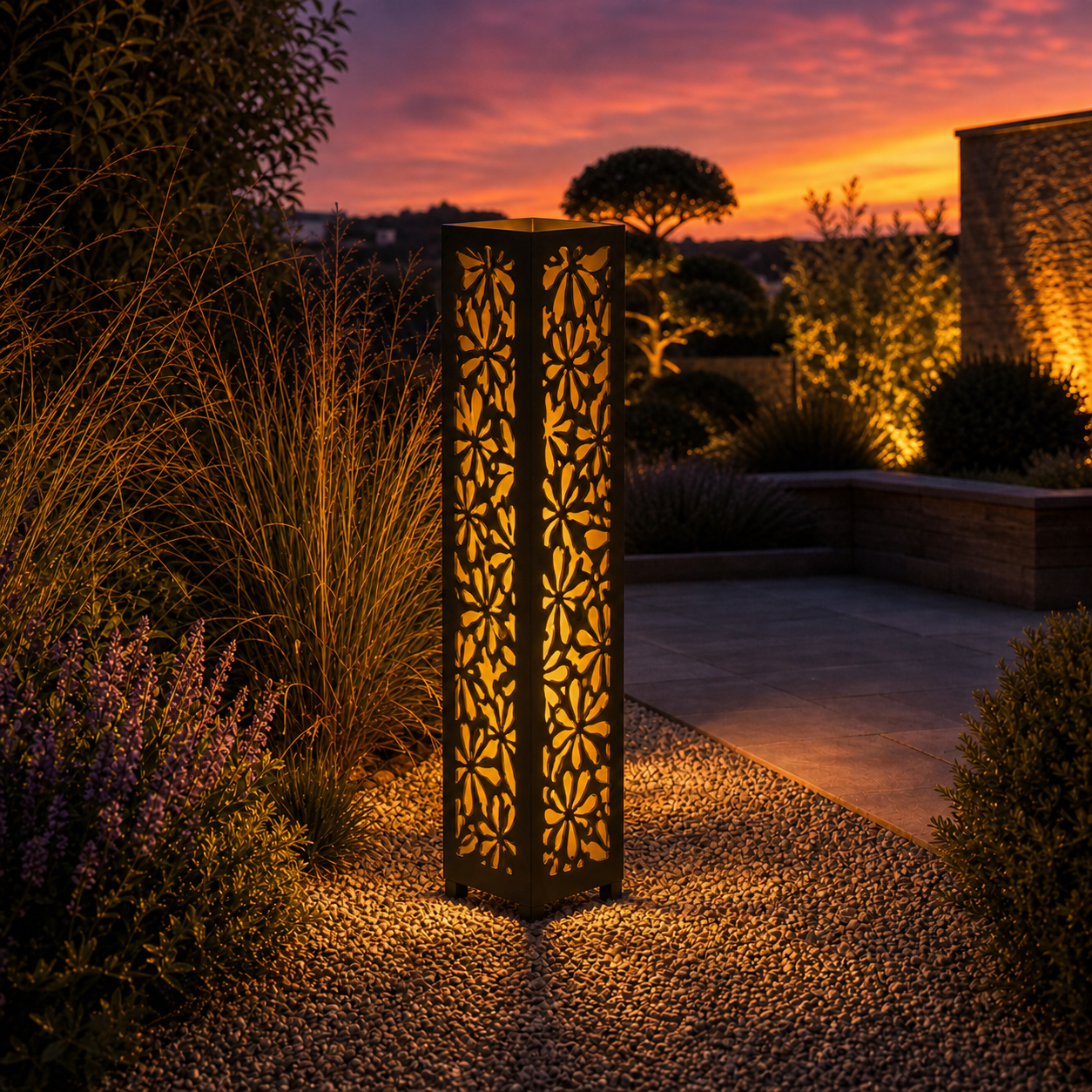 Design 023 outdoor decorative LED light column glowing at dusk in garden setting