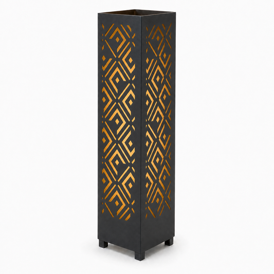 Design 024 black laser cut metal garden light tower with warm LED glow on white background