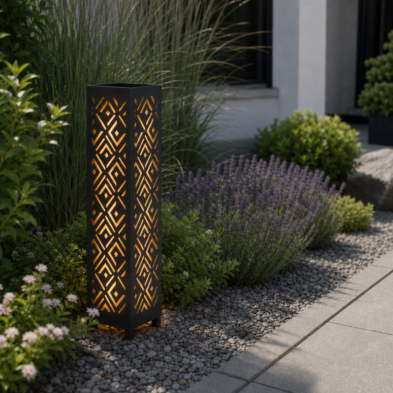 Design 024 laser cut garden light pillar installed in landscaped patio during daytime