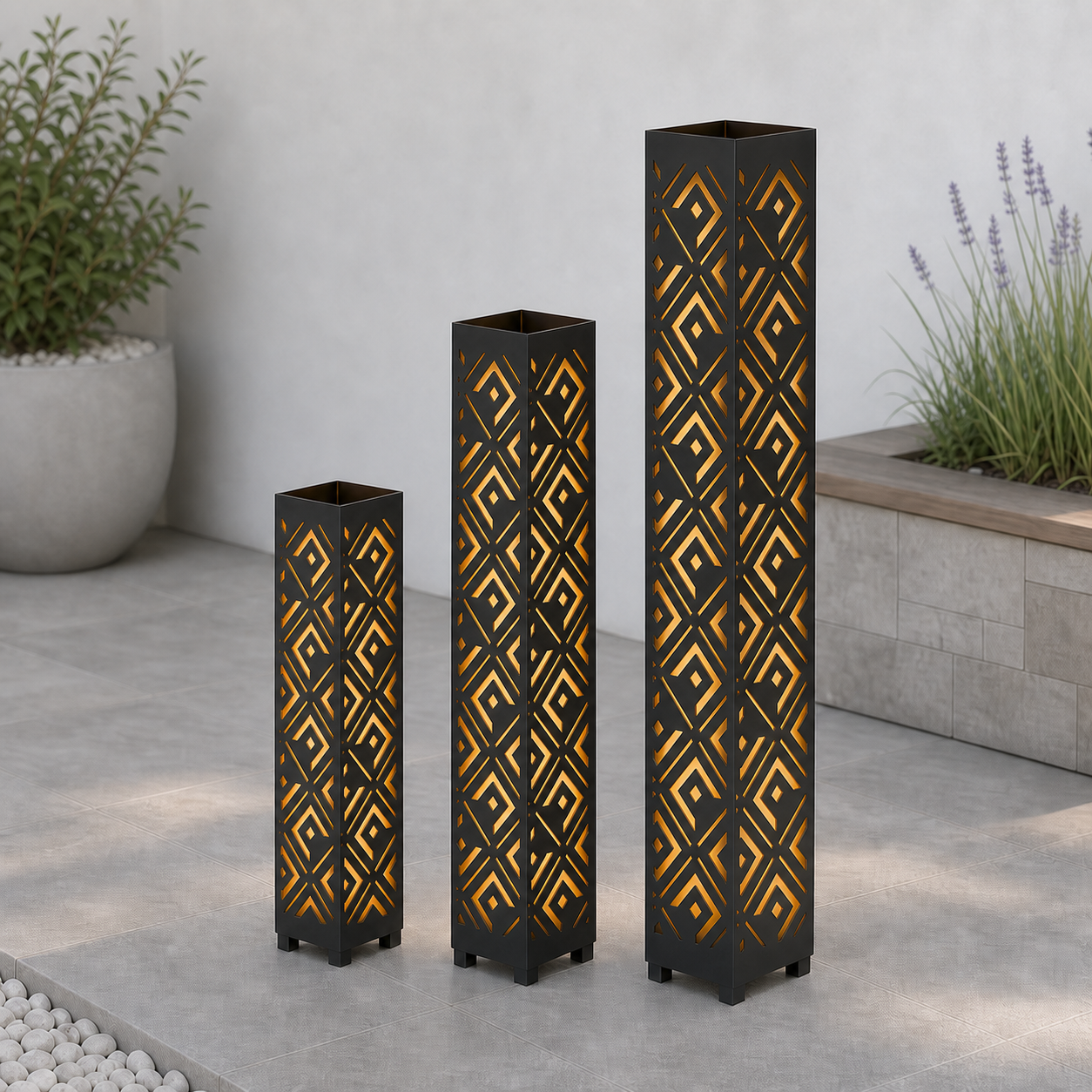 Design 024 laser cut garden light tower three size comparison