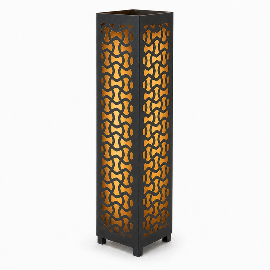 Design 025 black laser cut metal garden light tower with warm LED glow on white background
