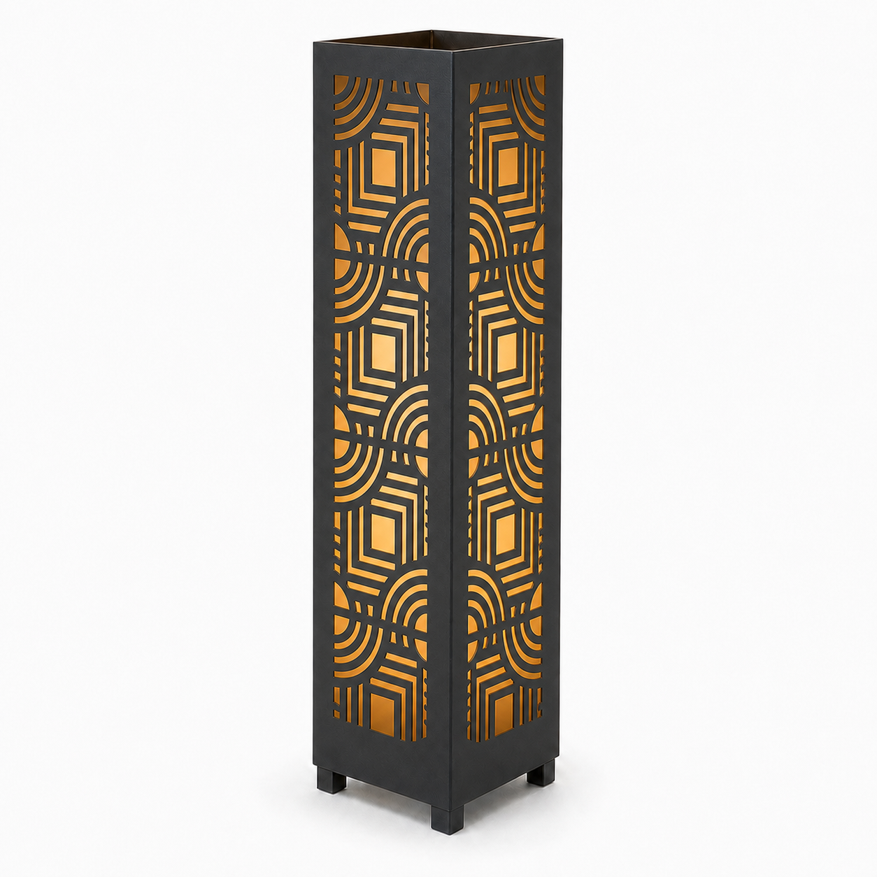Design 026 black laser cut metal garden light tower with warm LED glow on white background