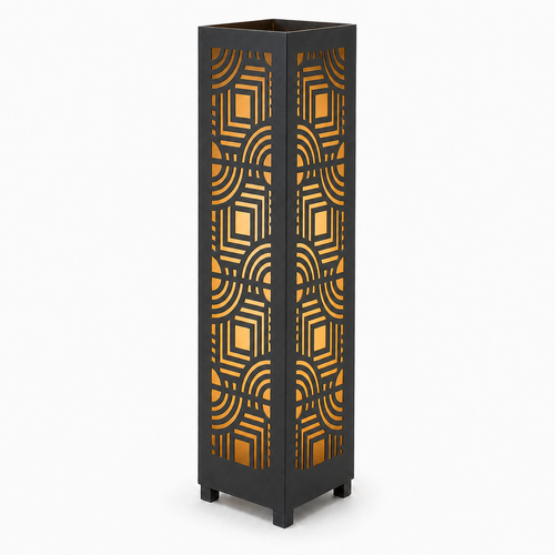 Design 026 black laser cut metal garden light tower with warm LED glow on white background