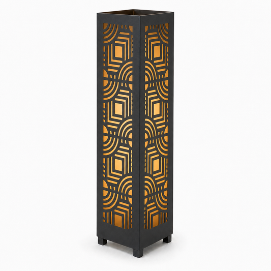 Design 026 black laser cut metal garden light tower with warm LED glow on white background