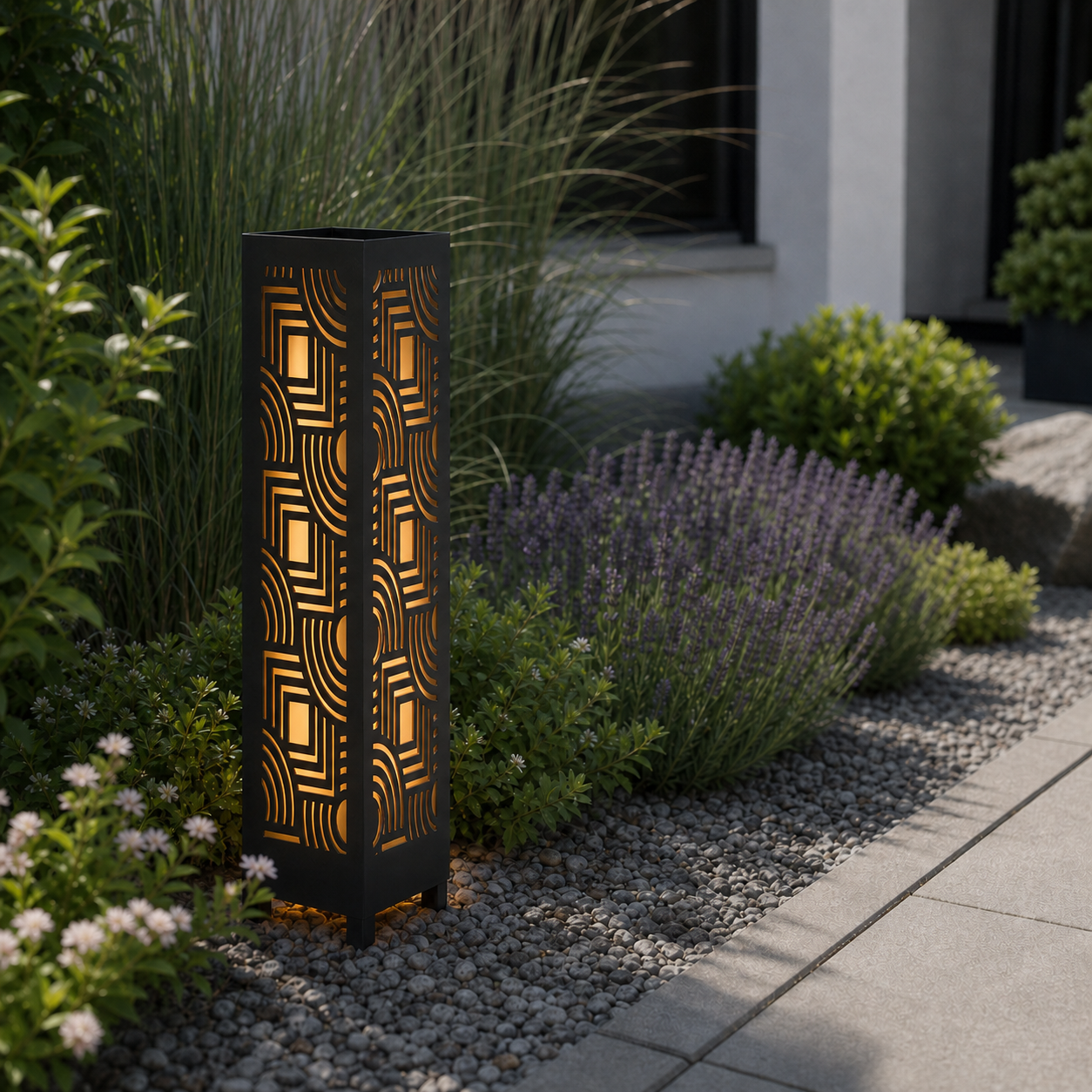 Design 026 laser cut garden light pillar installed in landscaped patio during daytime