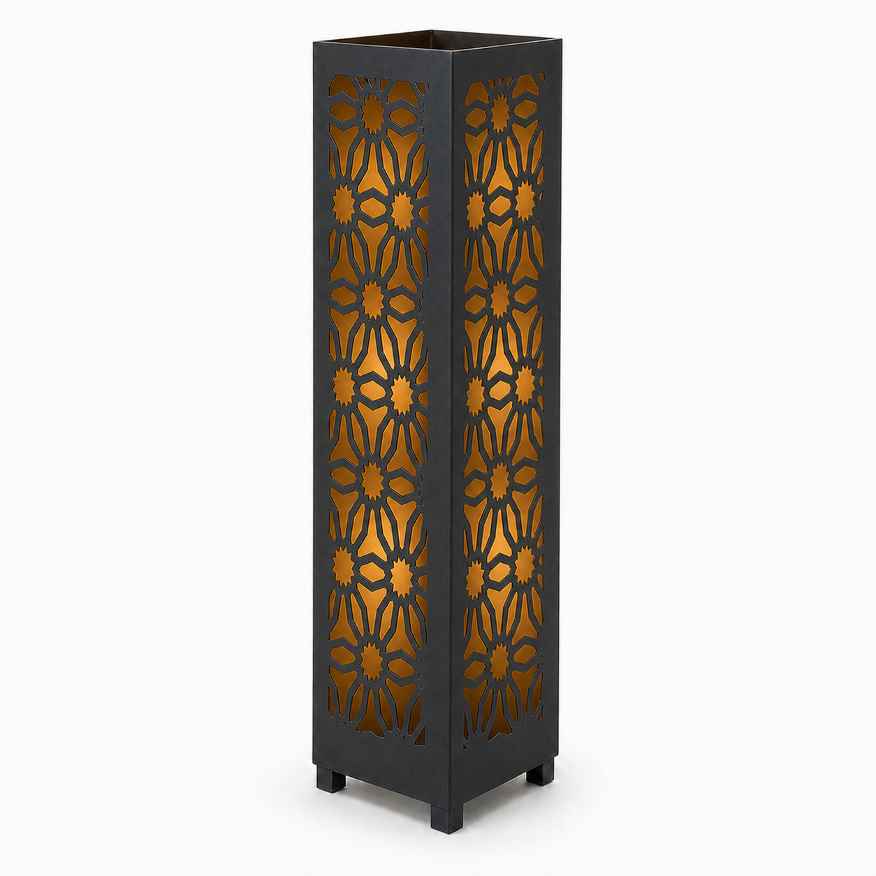 Design 027 black laser cut metal garden light tower with warm LED glow on white background