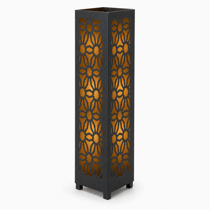 Design 027 black laser cut metal garden light tower with warm LED glow on white background