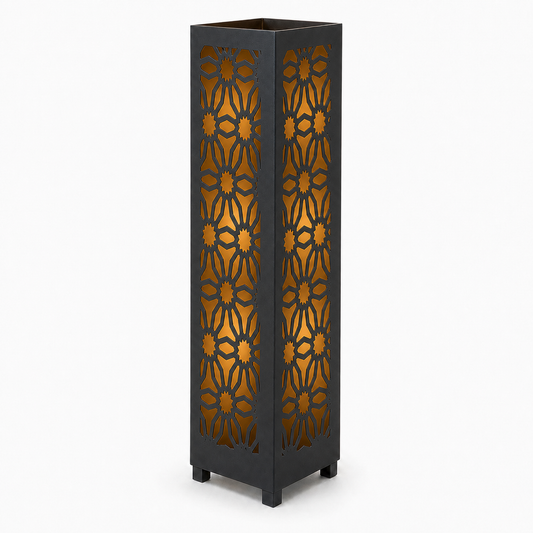 Design 027 black laser cut metal garden light tower with warm LED glow on white background