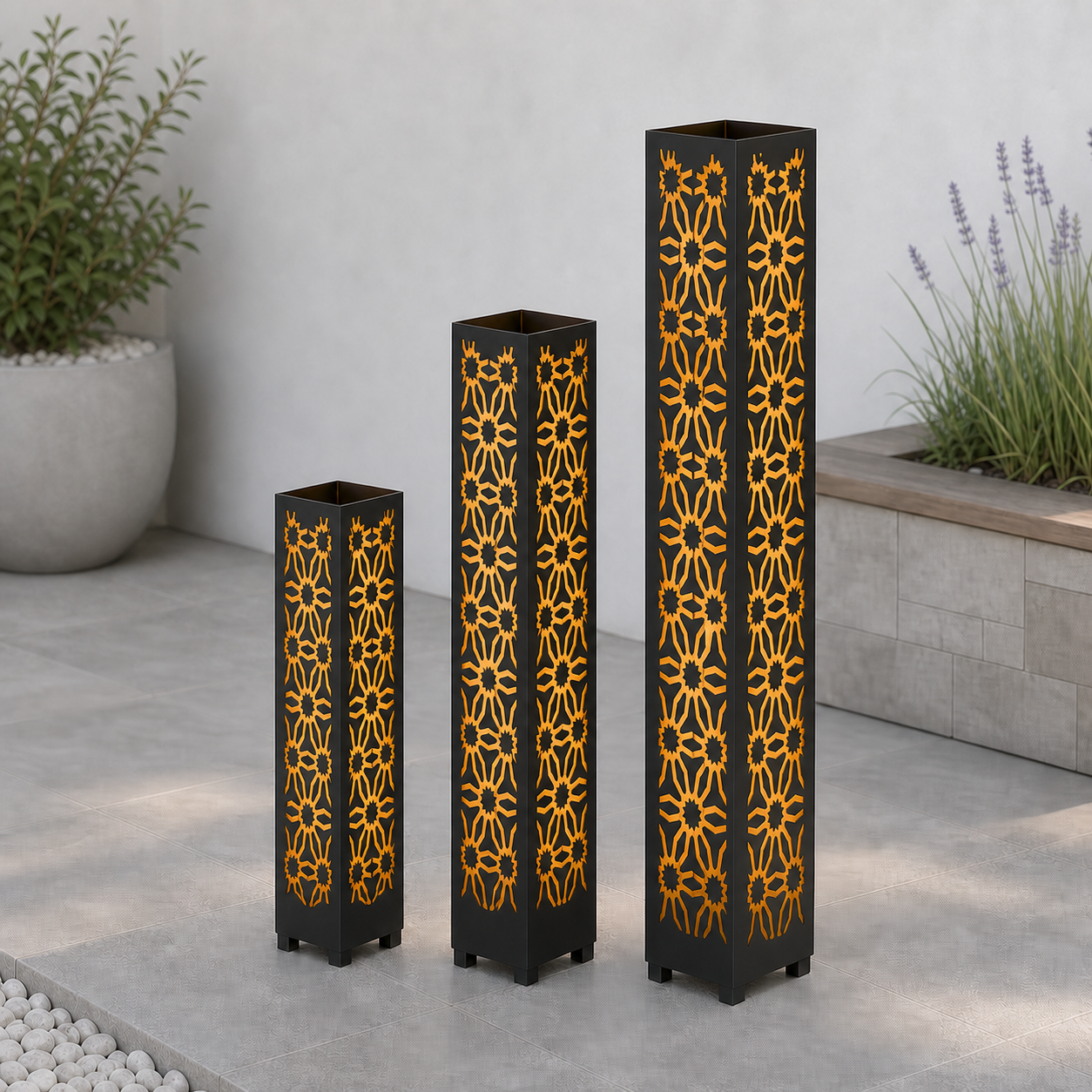 Design 027 laser cut garden light tower three size comparison