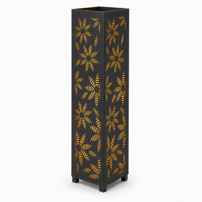Design 028 black laser cut metal garden light tower with warm LED glow on white background