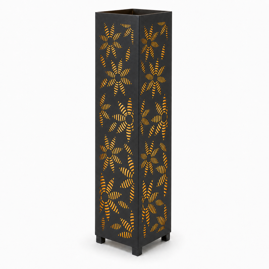 Design 028 black laser cut metal garden light tower with warm LED glow on white background