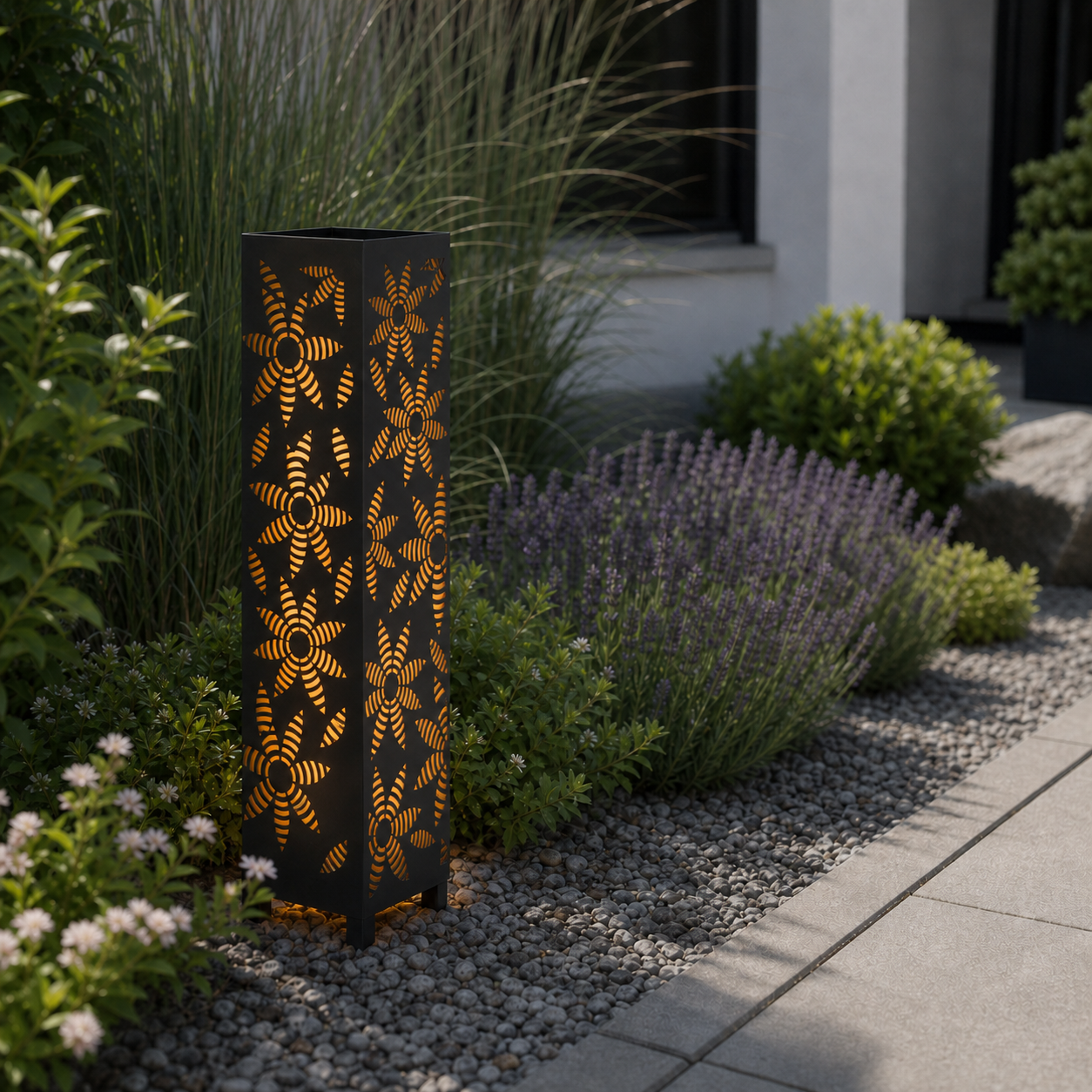 Design 028 laser cut garden light pillar installed in landscaped patio during daytime