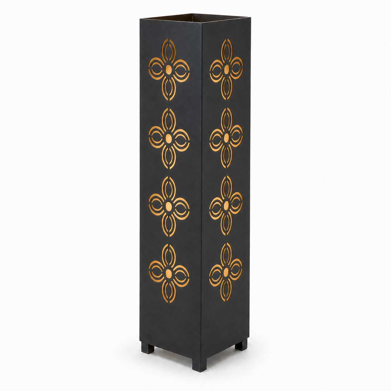 Design 029 black laser cut metal garden light tower with warm LED glow on white background