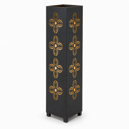 Design 029 black laser cut metal garden light tower with warm LED glow on white background