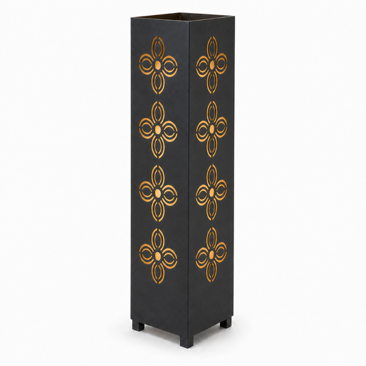 Design 029 black laser cut metal garden light tower with warm LED glow on white background