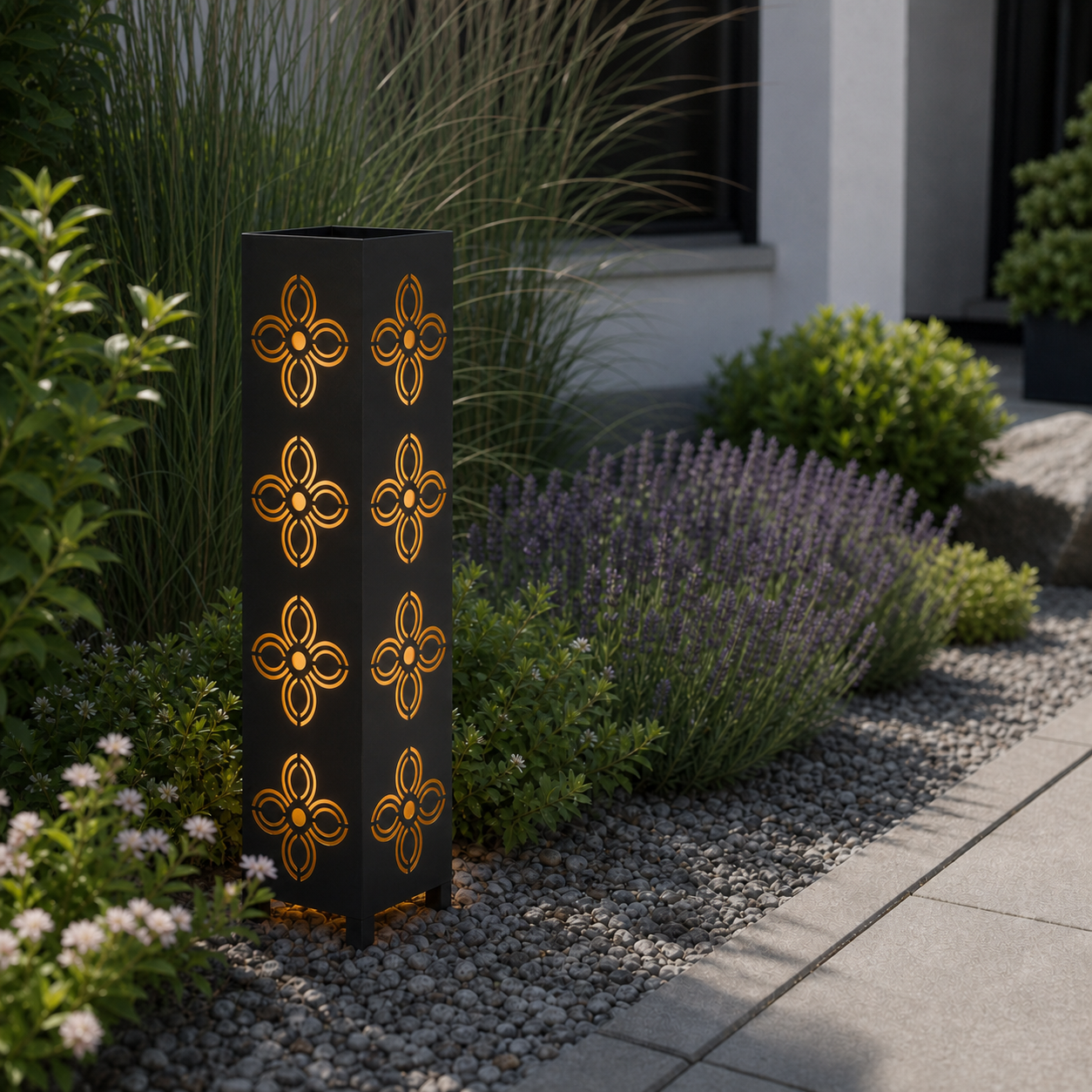 Design 029 laser cut garden light pillar installed in landscaped patio during daytime