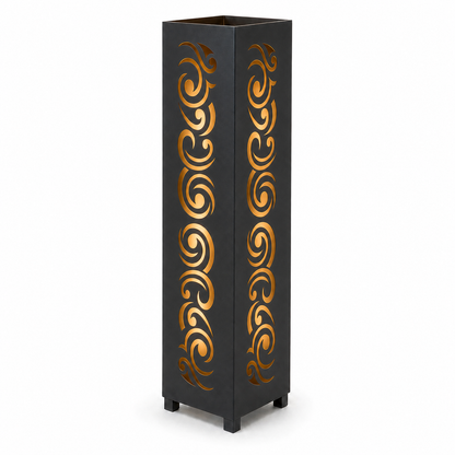 Design 030 black laser cut metal garden light tower with warm LED glow on white background