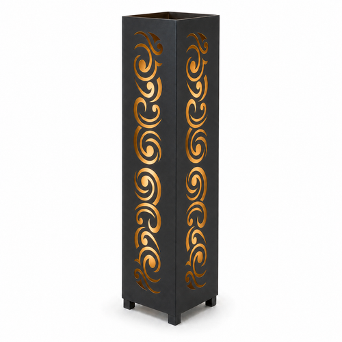 Design 030 black laser cut metal garden light tower with warm LED glow on white background