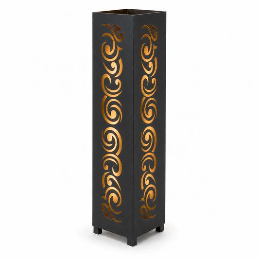 Design 030 black laser cut metal garden light tower with warm LED glow on white background