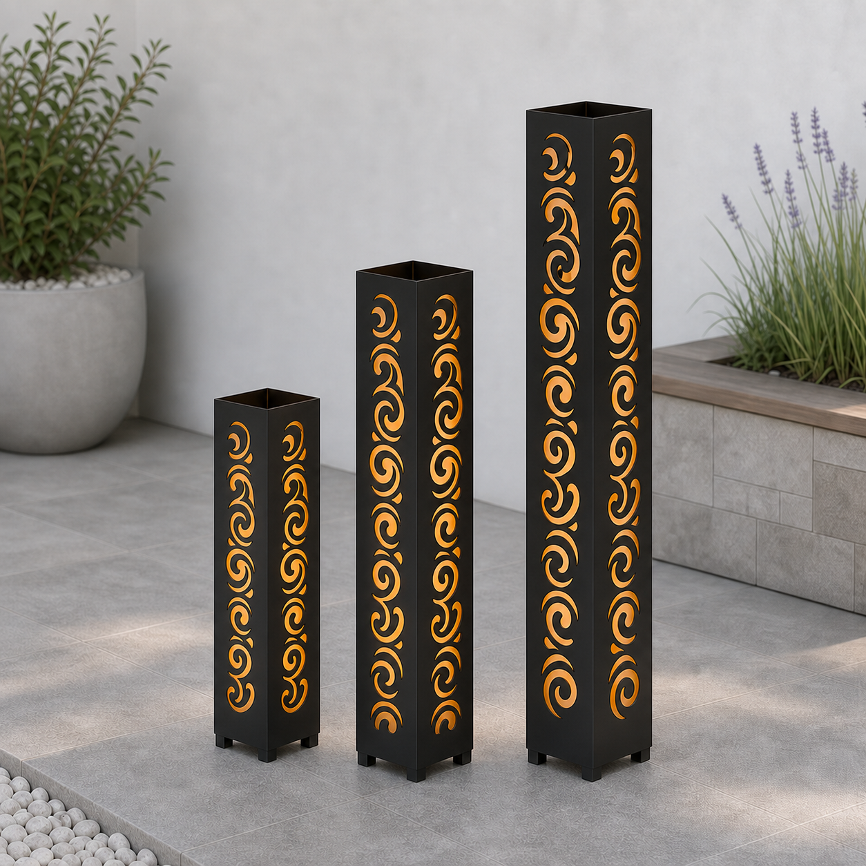 Design 030 laser cut garden light tower three size comparison