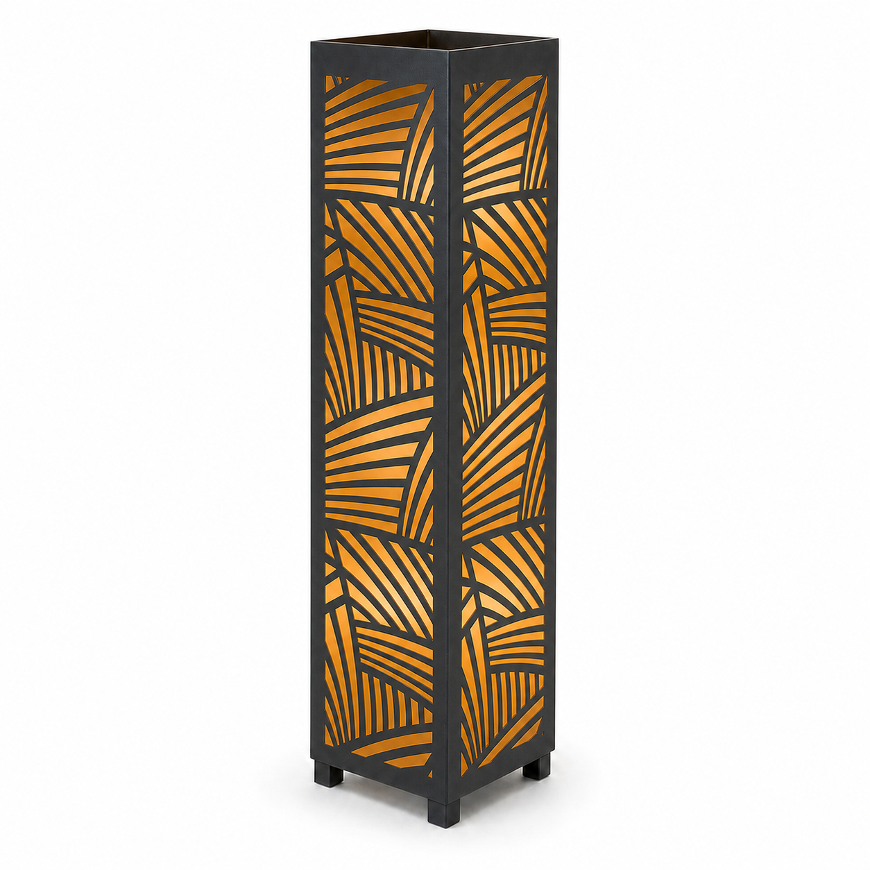 Design 031 black laser cut metal garden light tower with warm LED glow on white background