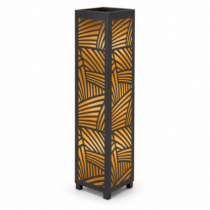 Design 031 black laser cut metal garden light tower with warm LED glow on white background