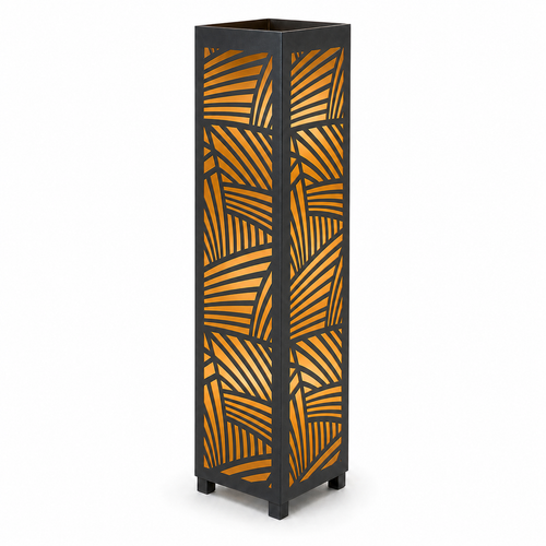 Design 031 black laser cut metal garden light tower with warm LED glow on white background
