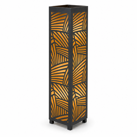 Design 031 black laser cut metal garden light tower with warm LED glow on white background