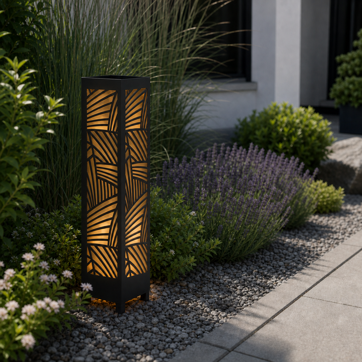 Design 031 laser cut garden light pillar installed in landscaped patio during daytime