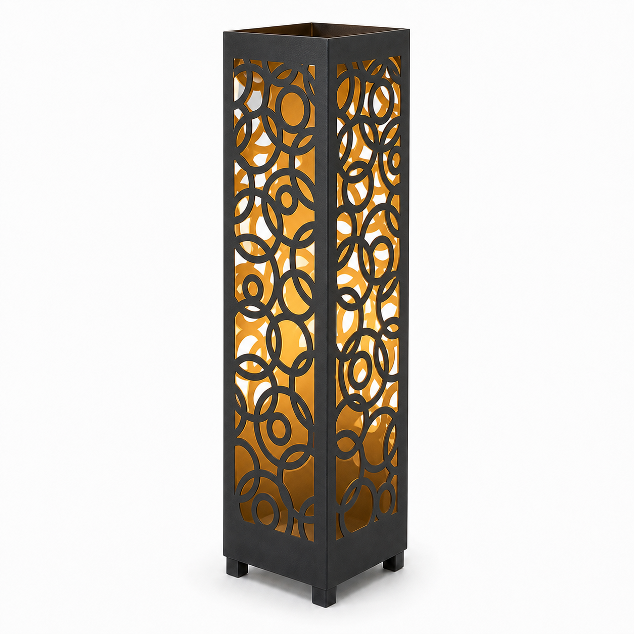 Design 032 black laser cut metal garden light tower with warm LED glow on white background