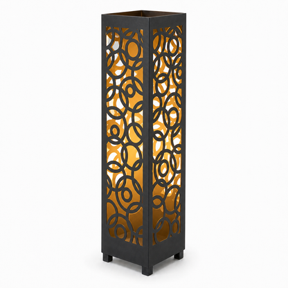 Design 032 black laser cut metal garden light tower with warm LED glow on white background