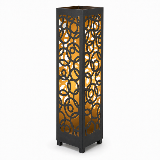 Design 032 black laser cut metal garden light tower with warm LED glow on white background