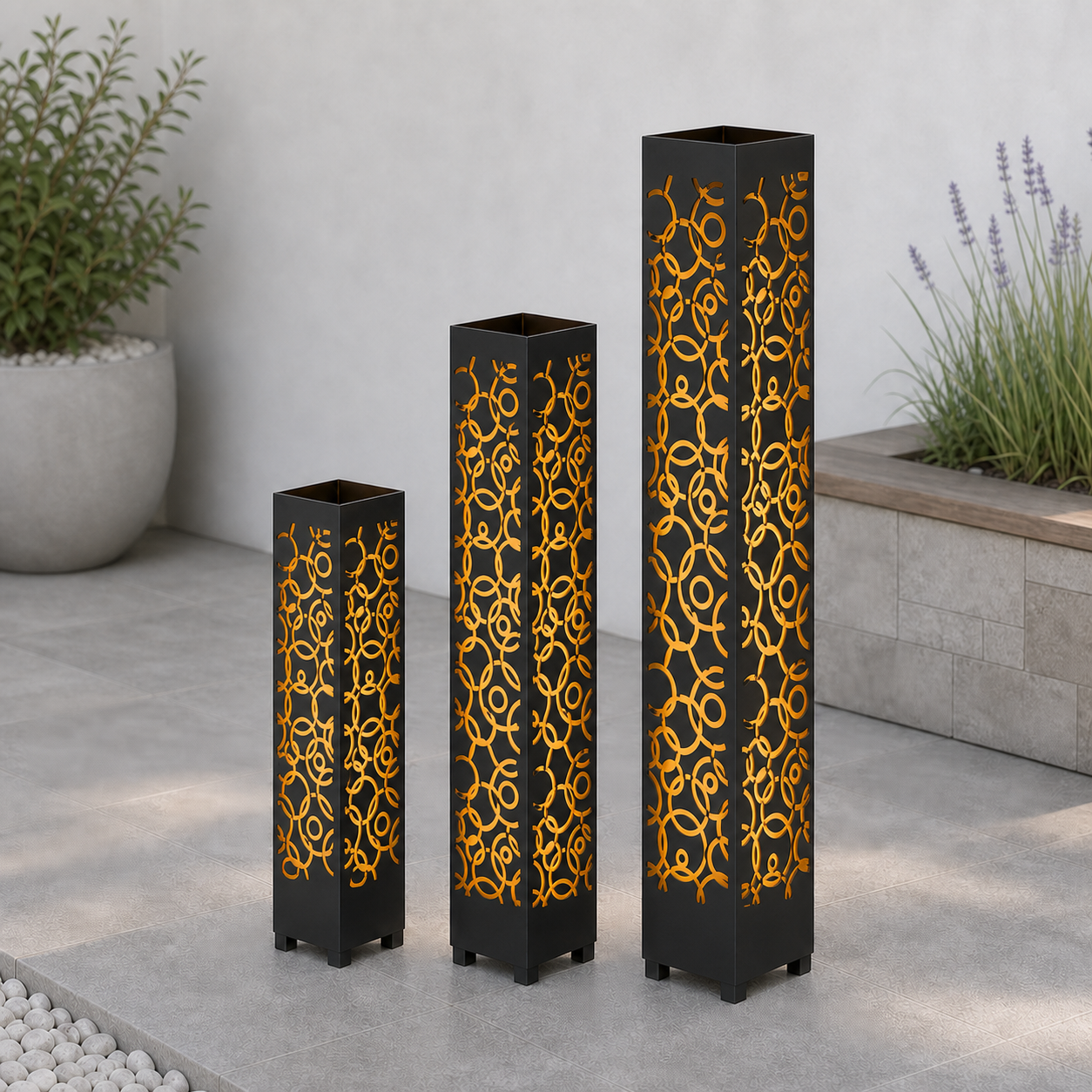 Design 032 laser cut garden light tower three size comparison