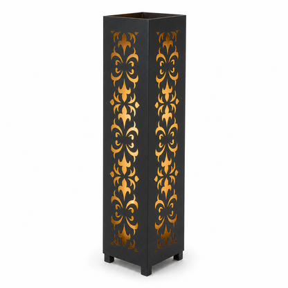 Design 033 black laser cut metal garden light tower with warm LED glow on white background