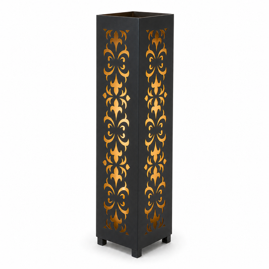Design 033 black laser cut metal garden light tower with warm LED glow on white background