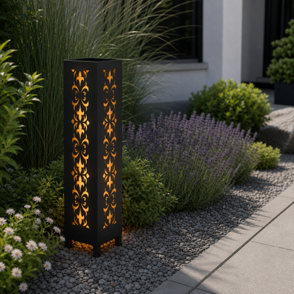 Design 033 laser cut garden light pillar installed in landscaped patio during daytime