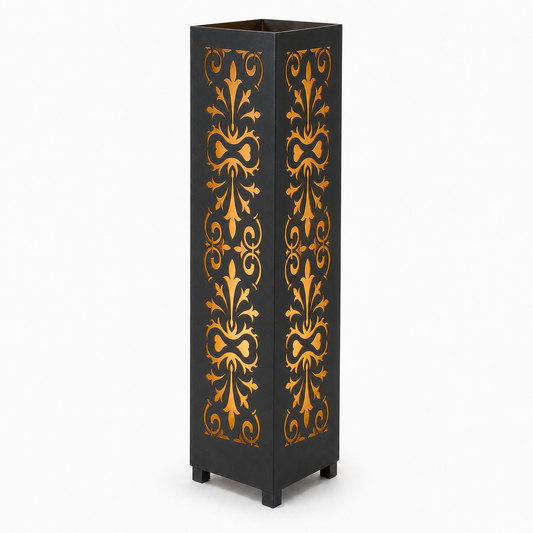 Design 034 black laser cut metal garden light tower with warm LED glow on white background