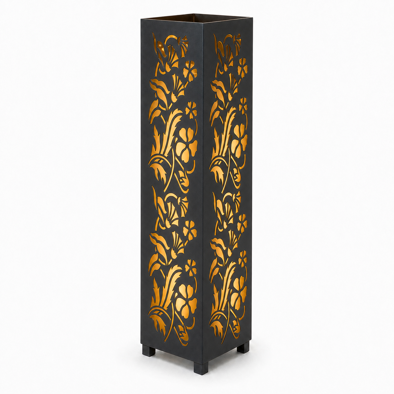 Design 035 black laser cut metal garden light tower with warm LED glow on white background
