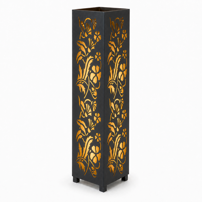 Design 035 black laser cut metal garden light tower with warm LED glow on white background